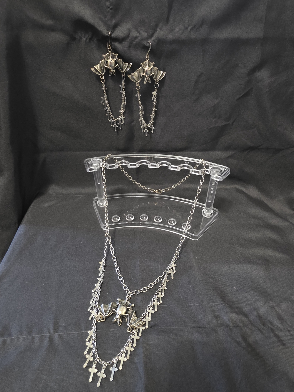 Silver Bat and Cross Multi-Chain Necklace with Matching Earrings